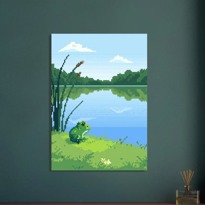 Grön groda vid lugn sjö, pixelkonst, fridfull natur.