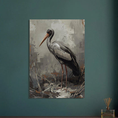 Maraboustork i konstnärlig desaturerad stil, lugn och reflekterande stämning.