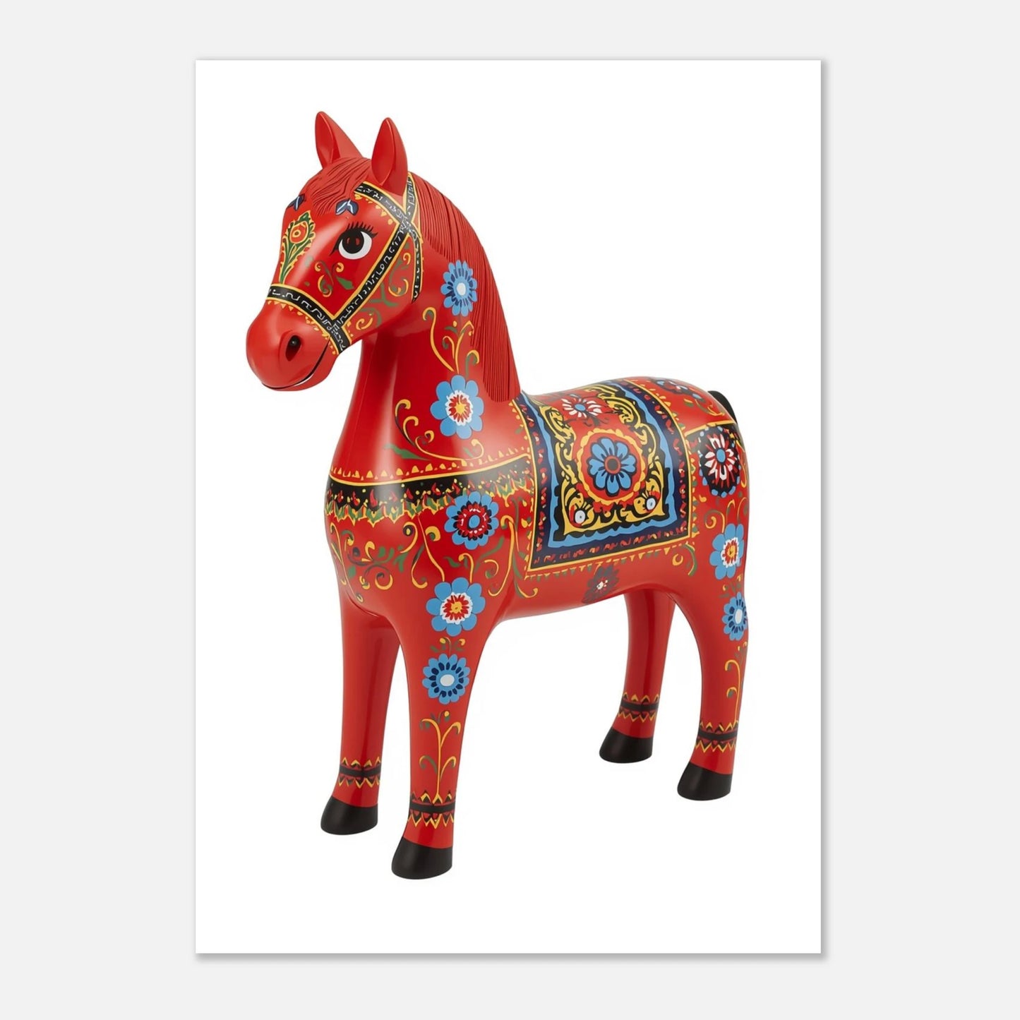Klassisk dalahästposter med röda toner och folkkonst, dekorativt print