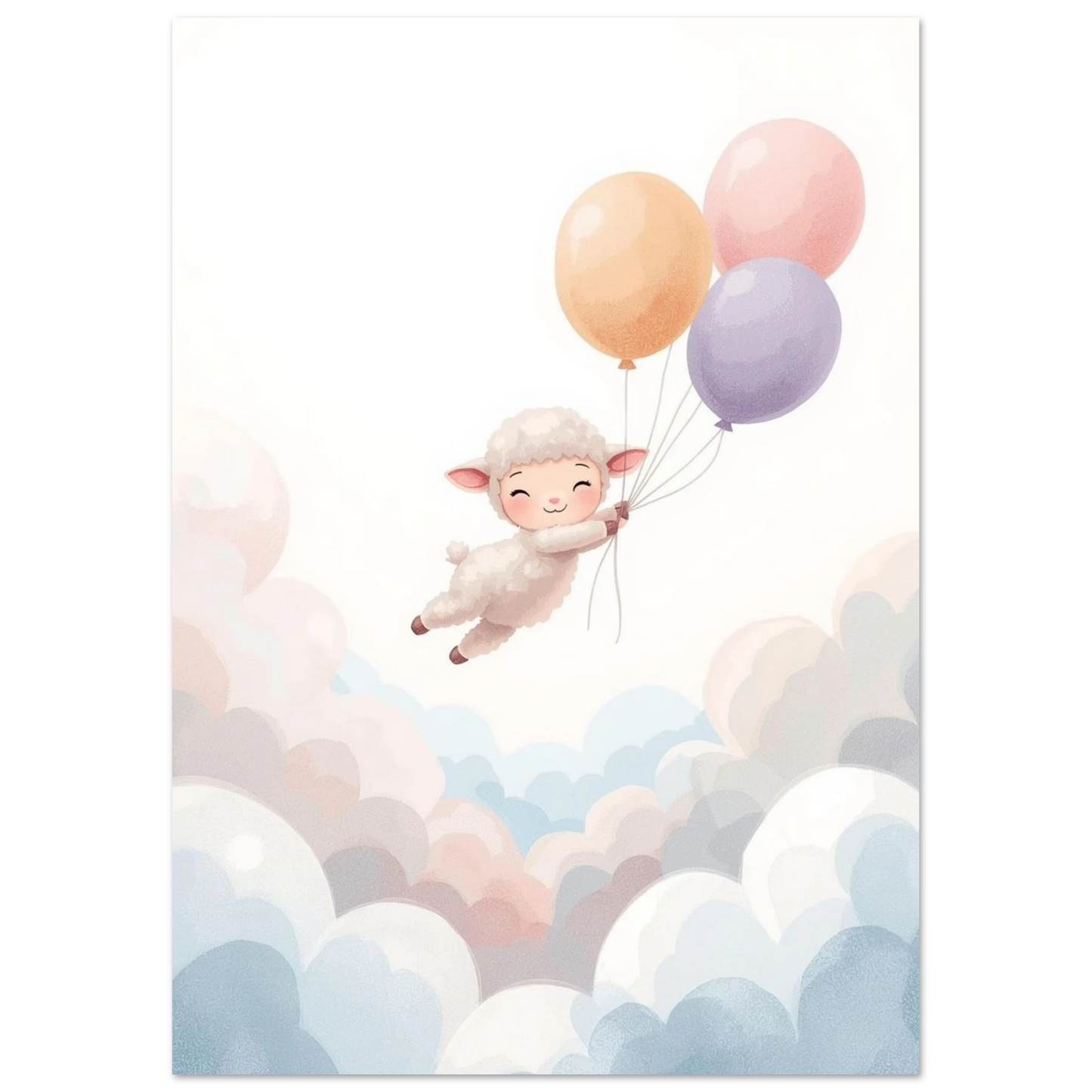Barnposter med ett lyckligt lamm som håller i ballonger på en molnhimmel