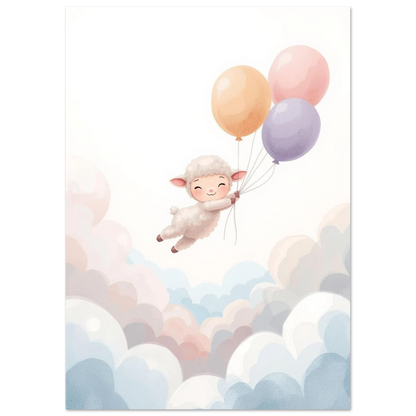 Barnposter med ett lyckligt lamm som håller i ballonger på en molnhimmel