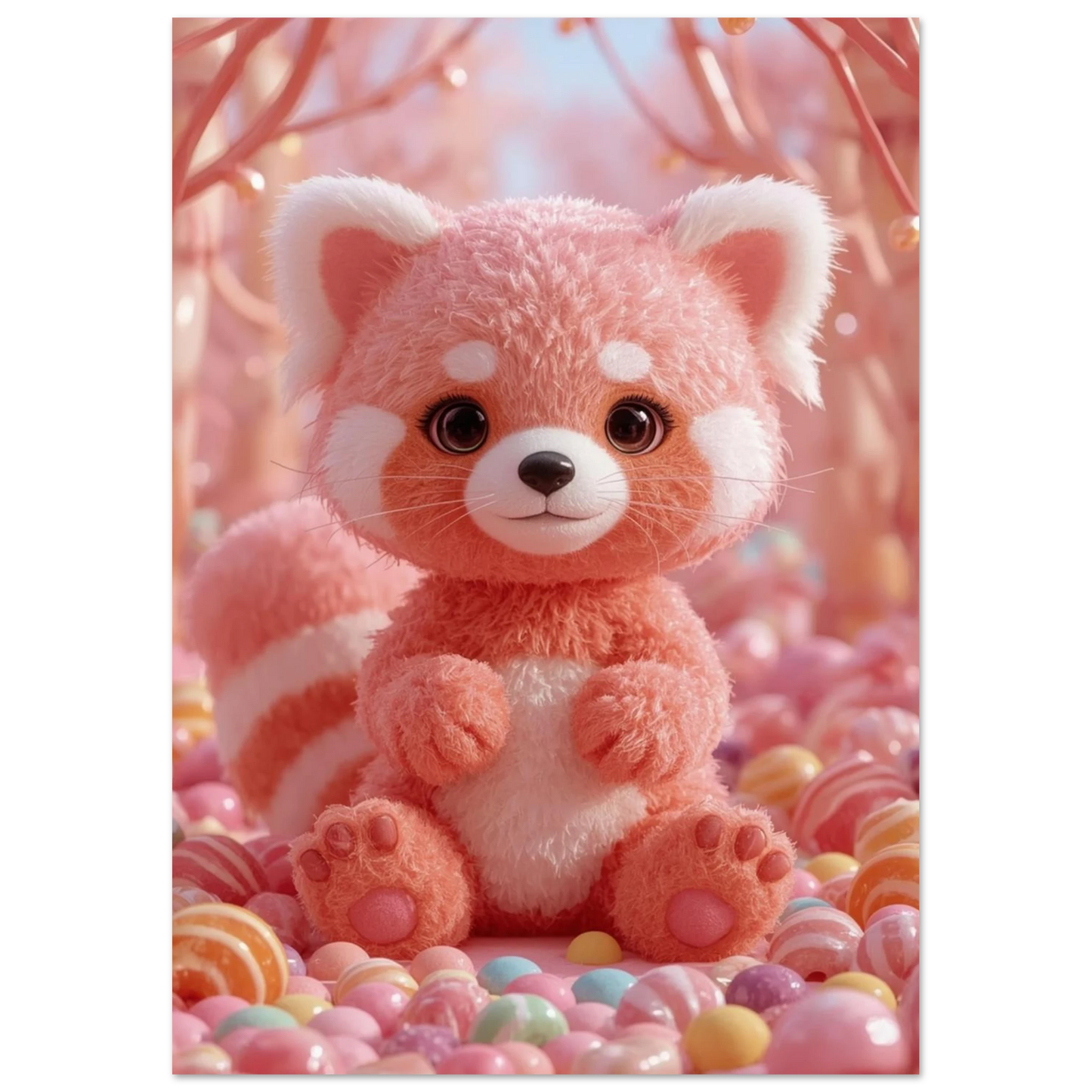 Digital illustration av en pastellrosa panda bland glittrande sötsaker