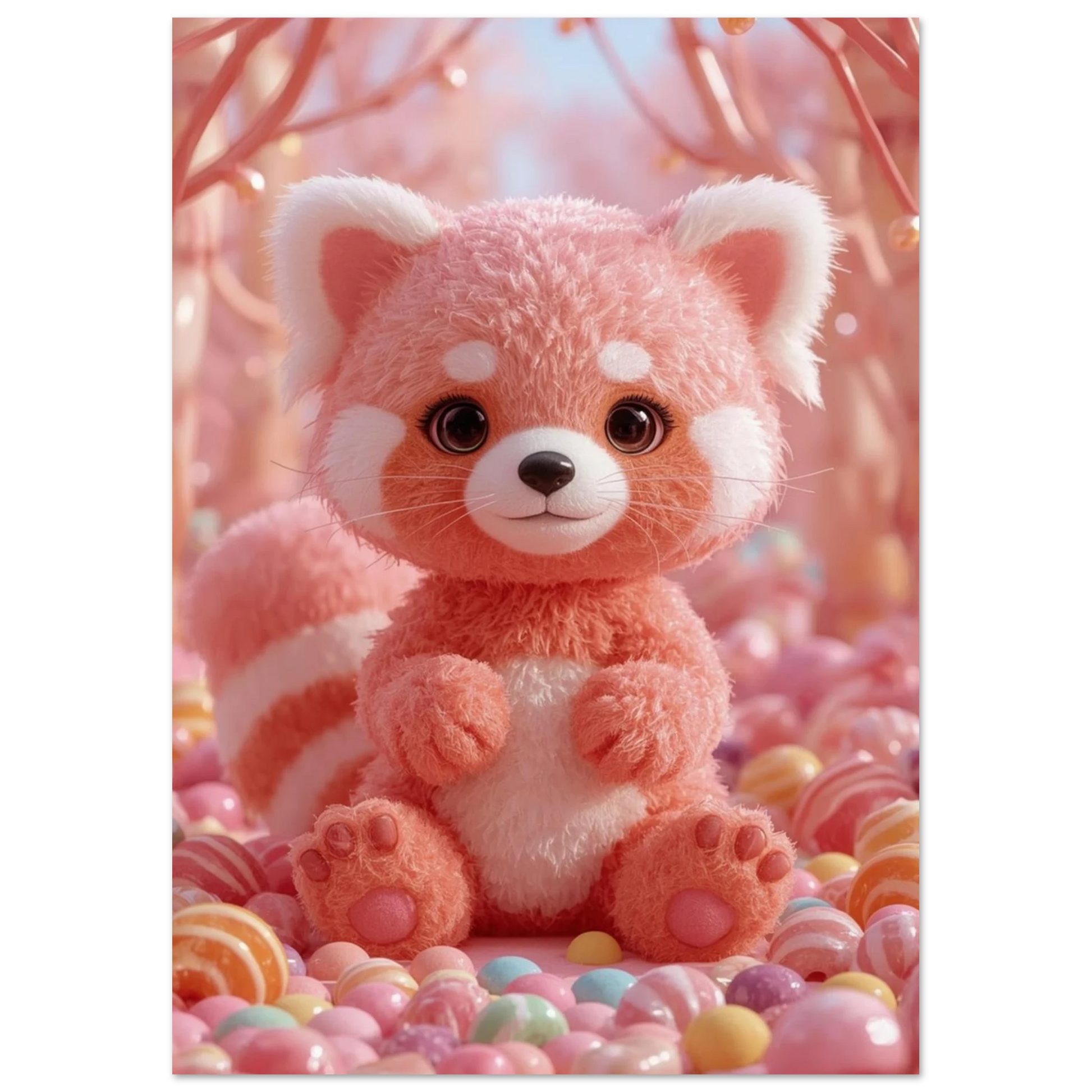 Digital illustration av en pastellrosa panda bland glittrande sötsaker