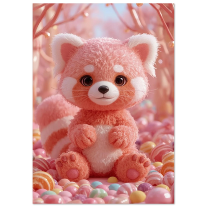 Digital illustration av en pastellrosa panda bland glittrande sötsaker