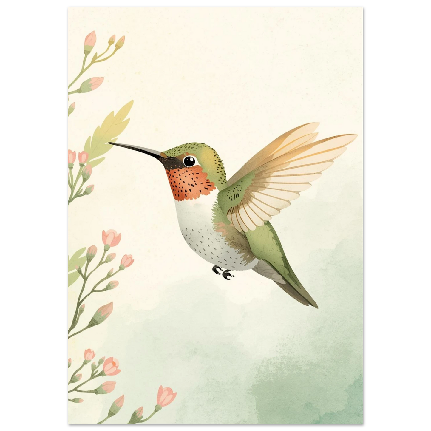 Konstnärligt djurmotiv av en kolibri som svävar vid blommande kvistar