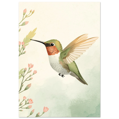 Konstnärligt djurmotiv av en kolibri som svävar vid blommande kvistar