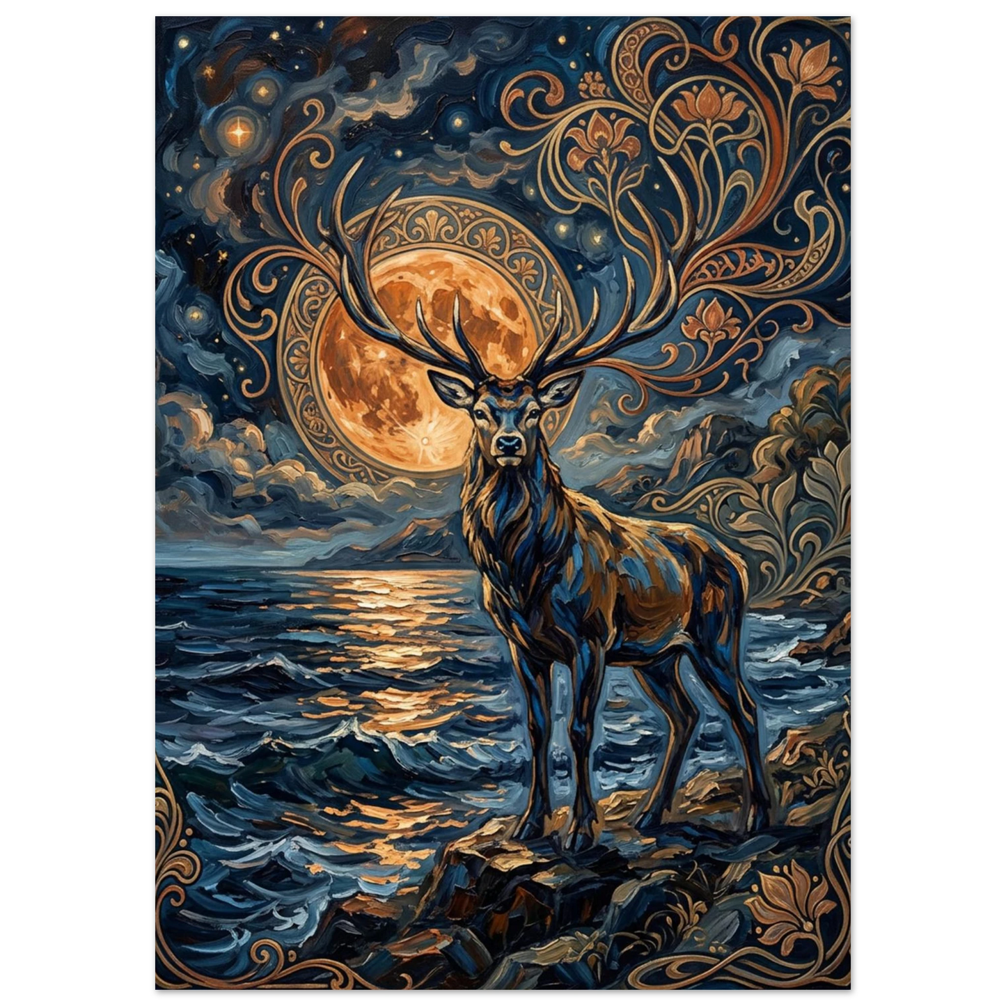 Konstnärlig djurposter med kronhjort och Art Nouveau-ornament i guld och blått
