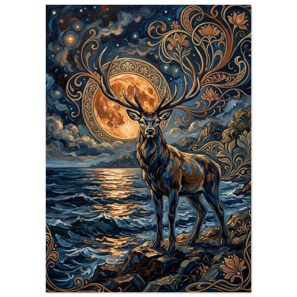 Konstnärlig djurposter med kronhjort och Art Nouveau-ornament i guld och blått