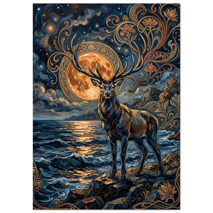 Konstnärlig djurposter med kronhjort och Art Nouveau-ornament i guld och blått