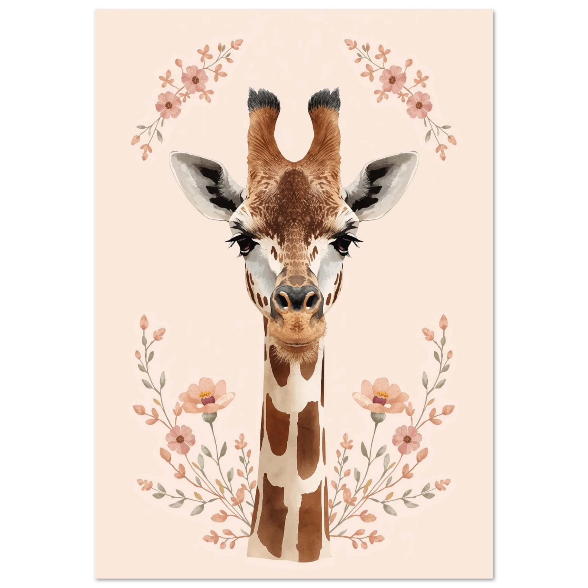 Akvarellmålning av giraff med rosa blommor på beige bakgrund – djurposter