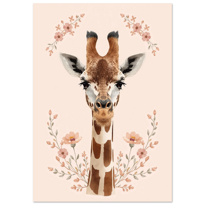 Akvarellmålning av giraff med rosa blommor på beige bakgrund – djurposter