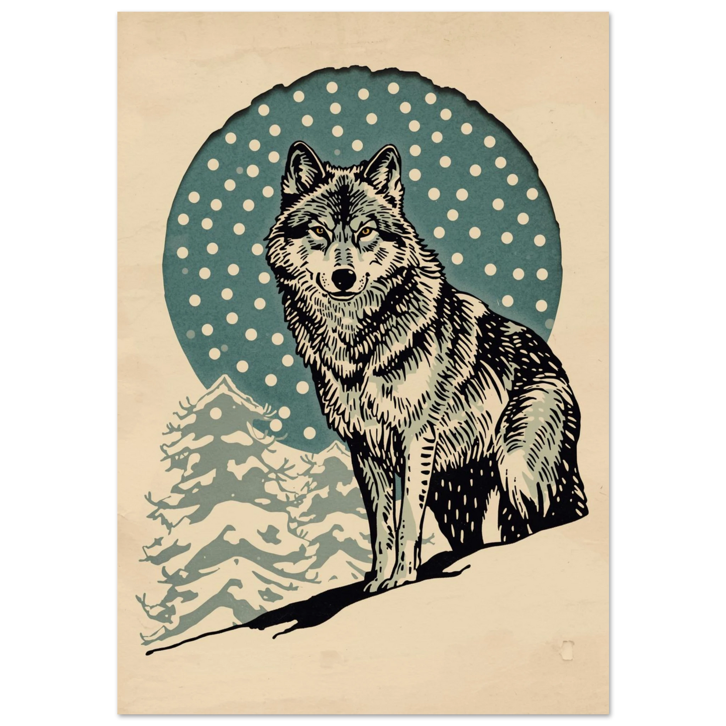 Grafisk vargposter i vinterlandskap med snöfall och midnattsblå cirkelbakgrund