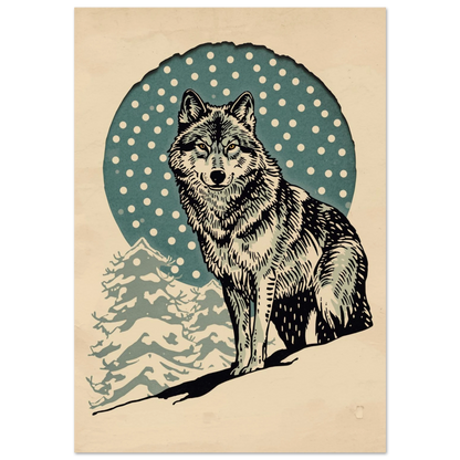 Grafisk vargposter i vinterlandskap med snöfall och midnattsblå cirkelbakgrund