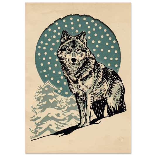 Grafisk vargposter i vinterlandskap med snöfall och midnattsblå cirkelbakgrund