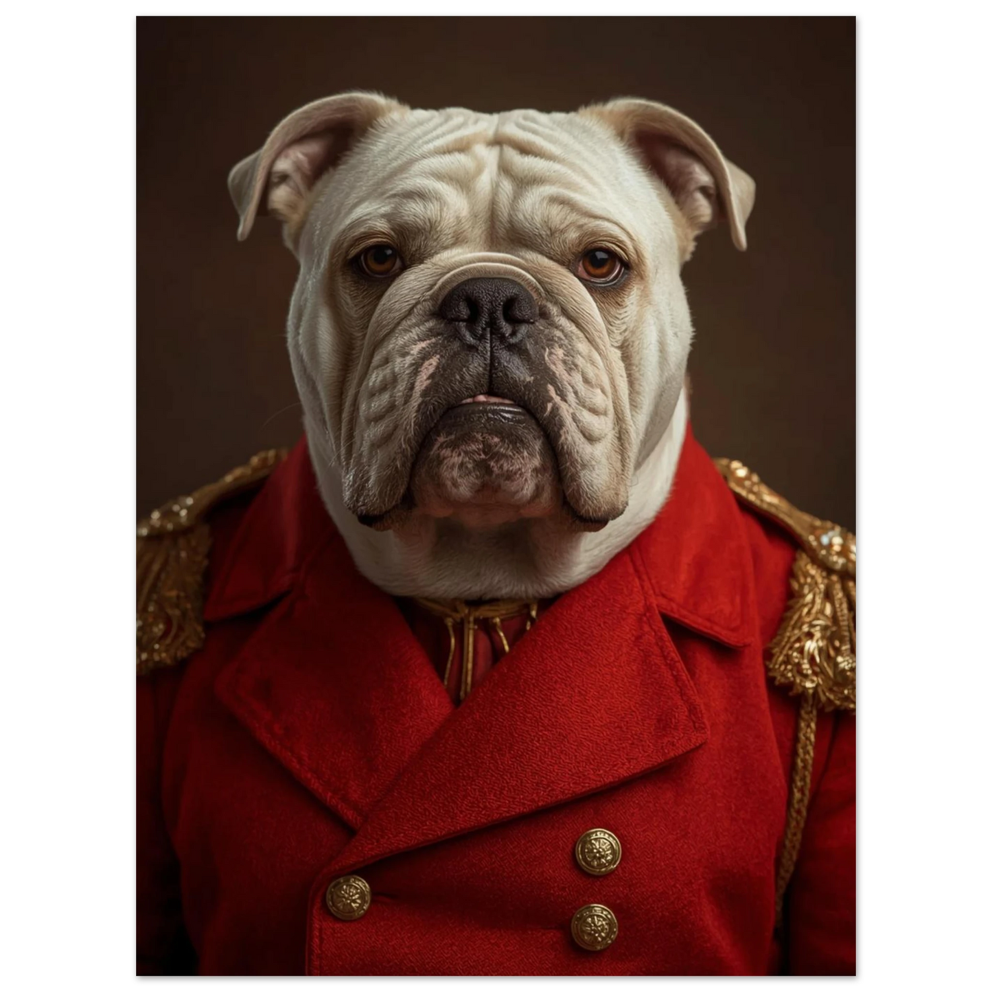 Stoisk bulldogg klädd som militär i röd jacka och epåletter