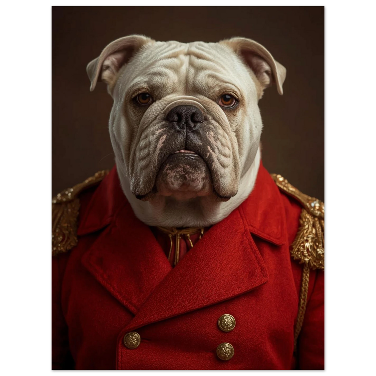 Stoisk bulldogg klädd som militär i röd jacka och epåletter