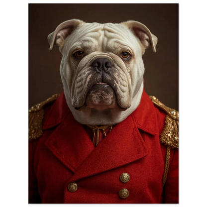 Stoisk bulldogg klädd som militär i röd jacka och epåletter