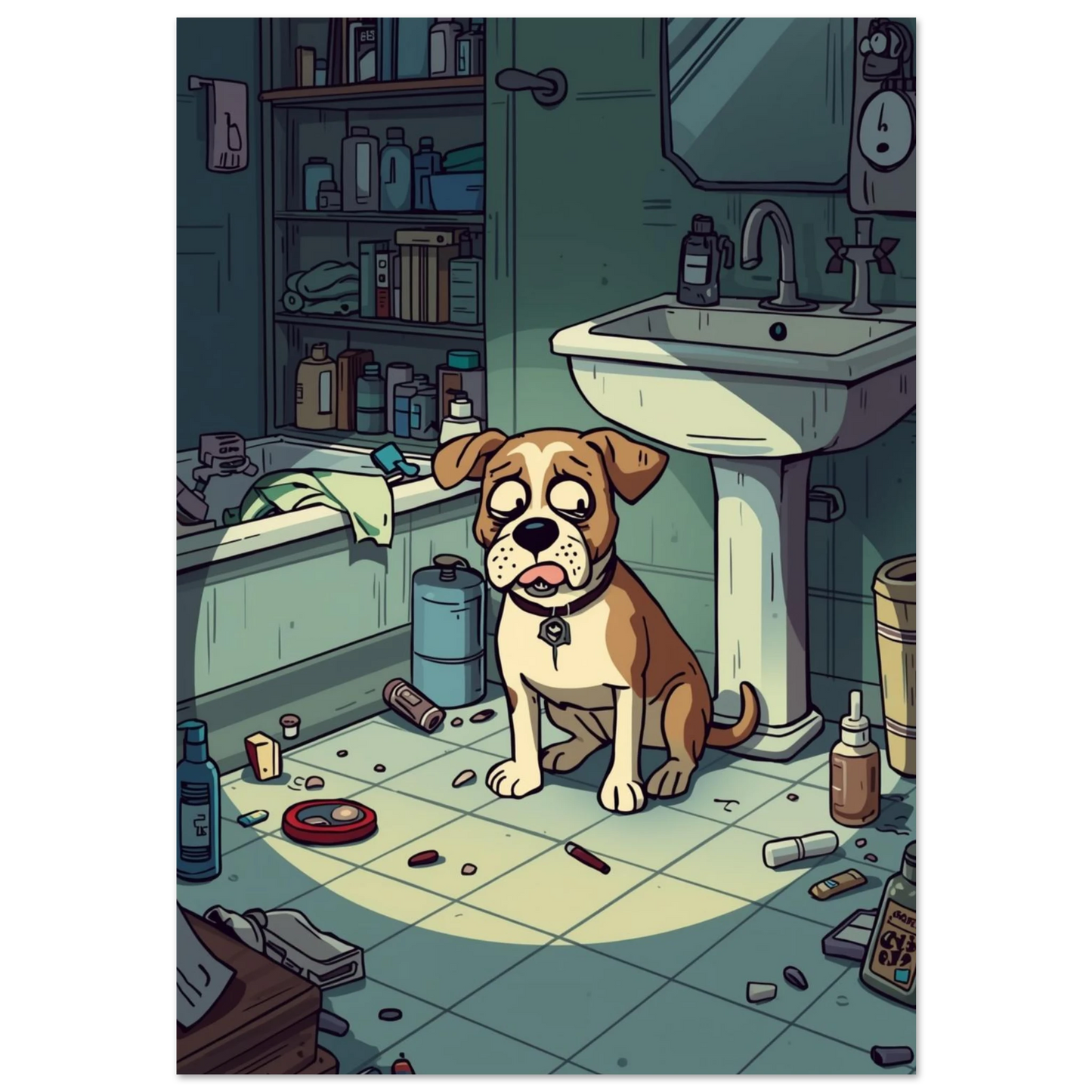 Brunvit hund med skamsen blick i ett stökigt grönt badrum – serieillustration