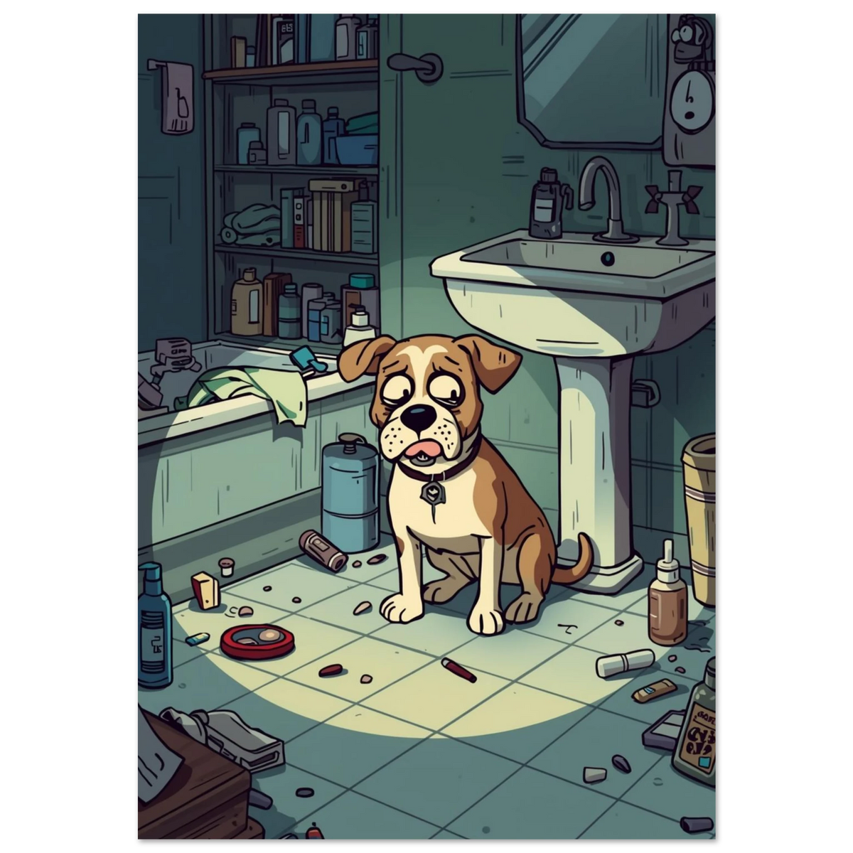 Brunvit hund med skamsen blick i ett stökigt grönt badrum – serieillustration