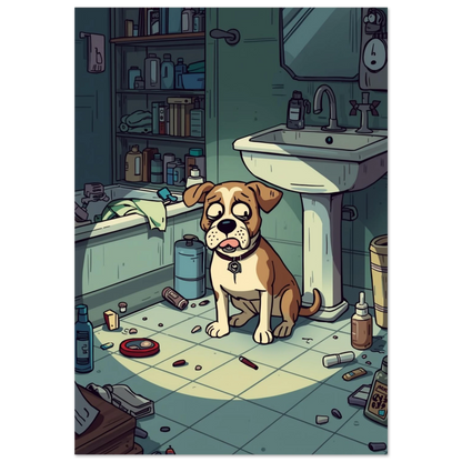 Brunvit hund med skamsen blick i ett stökigt grönt badrum – serieillustration