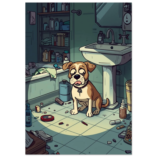 Brunvit hund med skamsen blick i ett stökigt grönt badrum – serieillustration