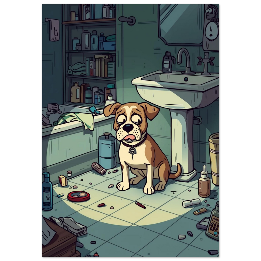 Brunvit hund med skamsen blick i ett stökigt grönt badrum – serieillustration