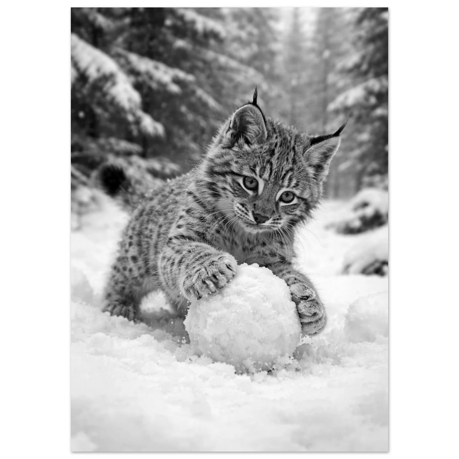 Lodjursunge, halvbild framifrån, fokuserad på snöbollen den håller – Fotorealistisk poster