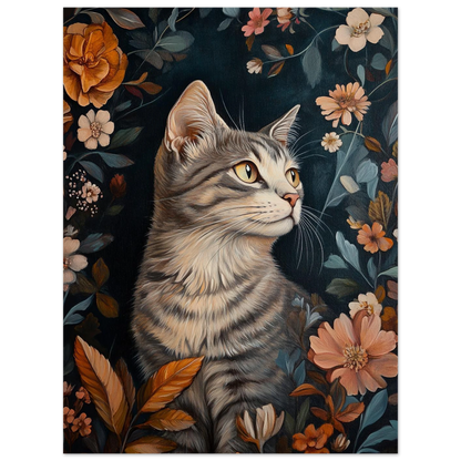Stämningsfullt kattmotiv med detaljerad päls och varma jordnära blommor som inramning