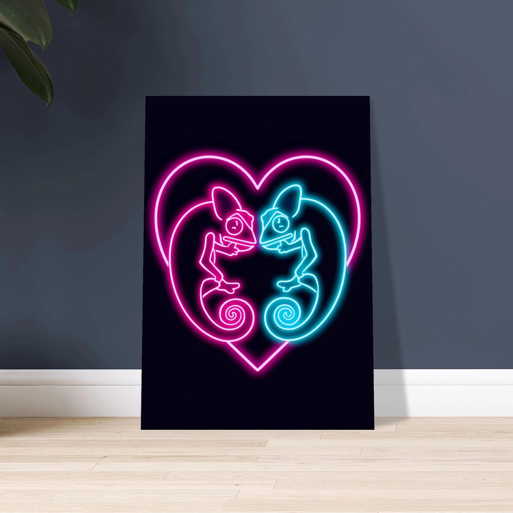 Två neonkameleontar i ett hjärta, symboliserar kärlek och harmoni.