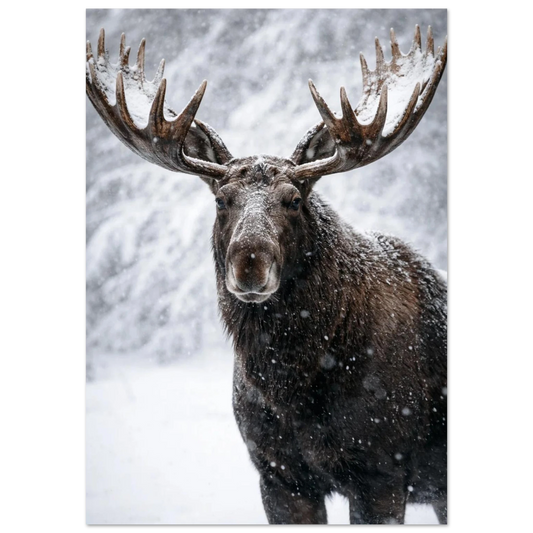Närbild på en älg med breda horn i snöfall – fotorealistisk poster