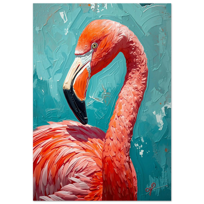 Närbild på flamingo i korallrosa oljefärg mot turkos strukturerad bakgrund