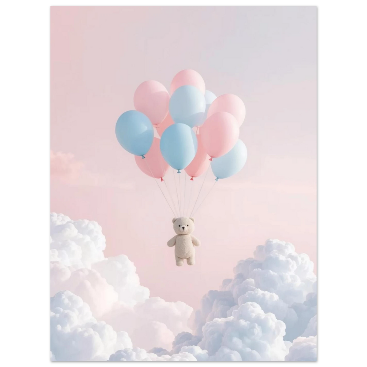 Nallebjörn på äventyr i himlen med ballonger i mjuka pastellfärger