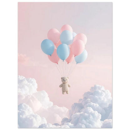 Nallebjörn på äventyr i himlen med ballonger i mjuka pastellfärger