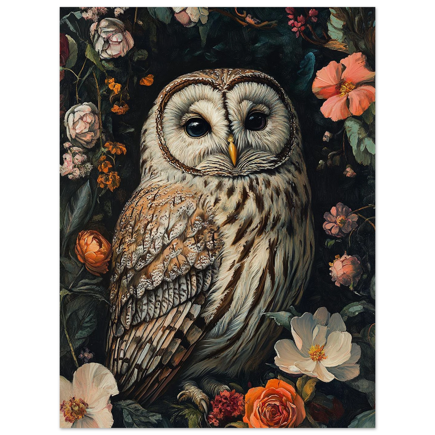 Detaljrik uggleposter med bruna fjädrar och färgstark botanisk bakgrund