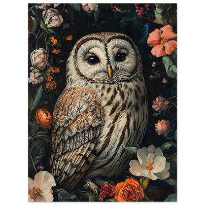 Detaljrik uggleposter med bruna fjädrar och färgstark botanisk bakgrund