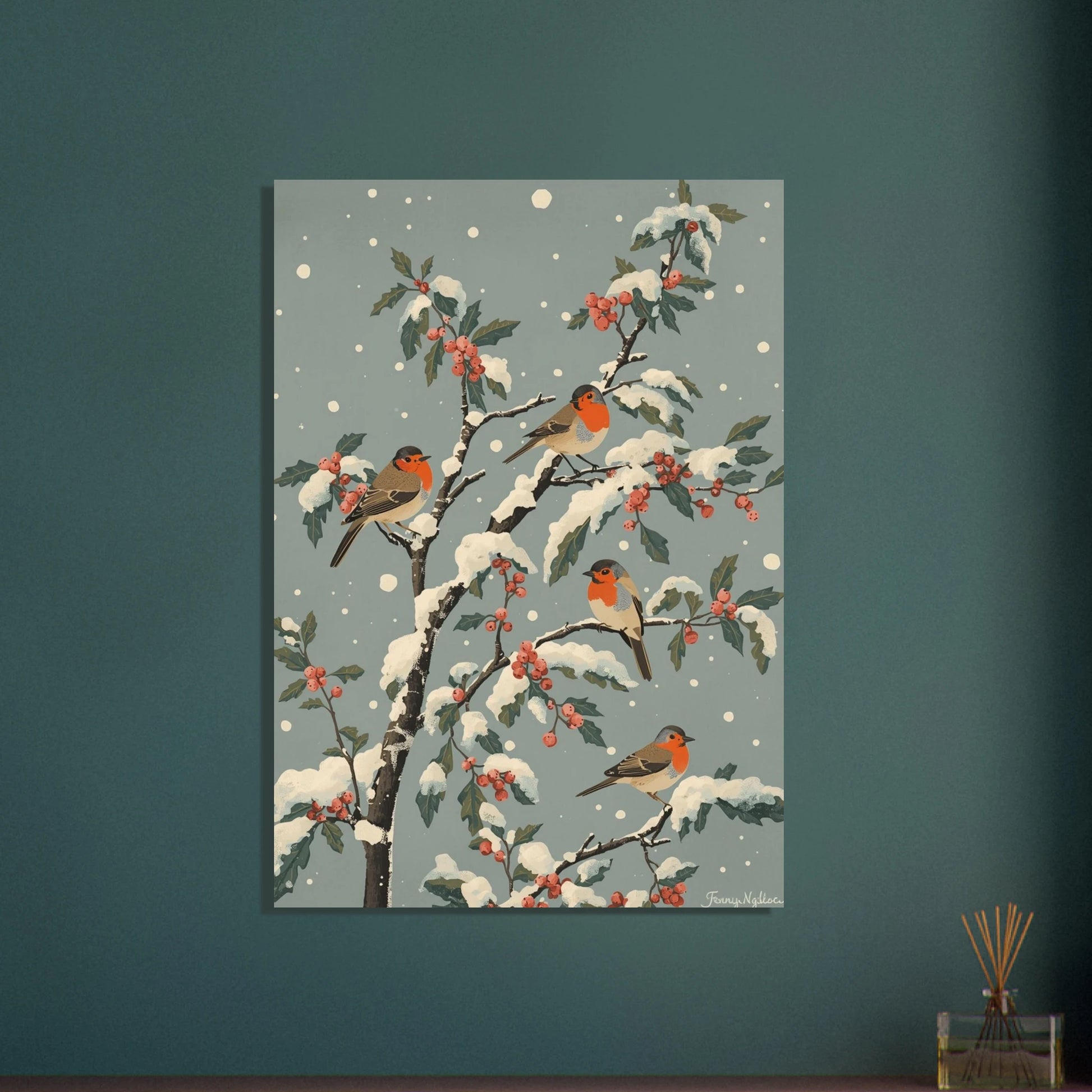 Rödhakar på snötäckta grenar med röda bär i vintrig illustration