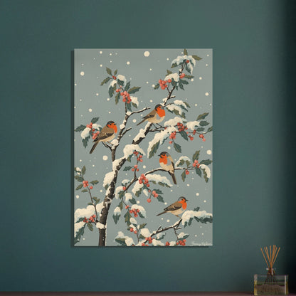 Rödhakar på snötäckta grenar med röda bär i vintrig illustration