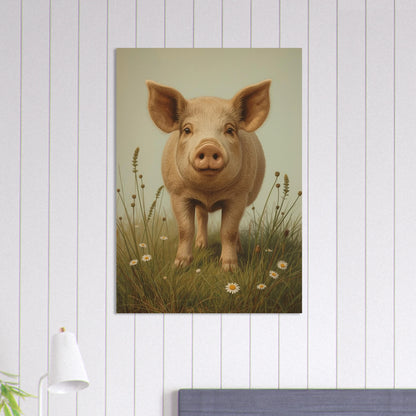 Affisch med gris i gräs och blommor, hängande på vit vägg ovanför en säng – Målad poster