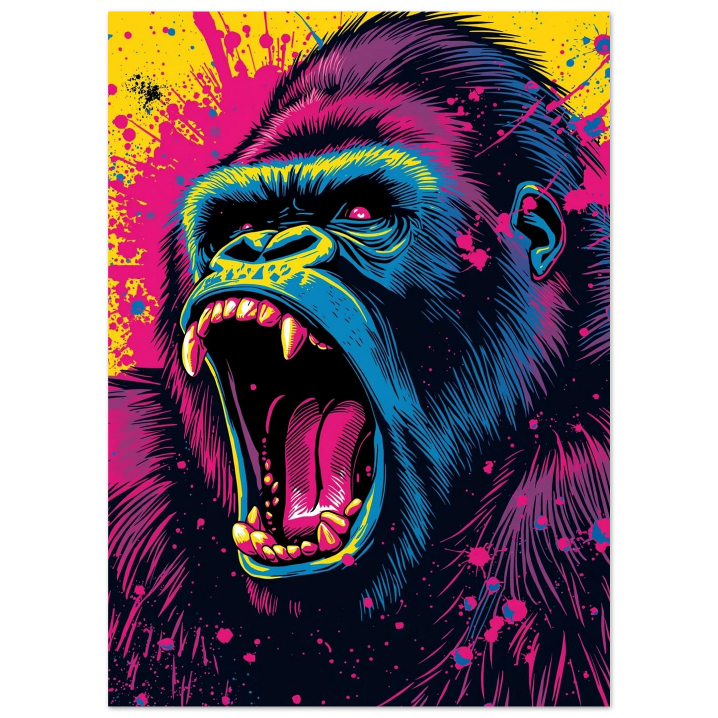 Popart gorilla med djurisk aggression i blått, lila och gult mot en stänkig bakgrund – Tecknad poster