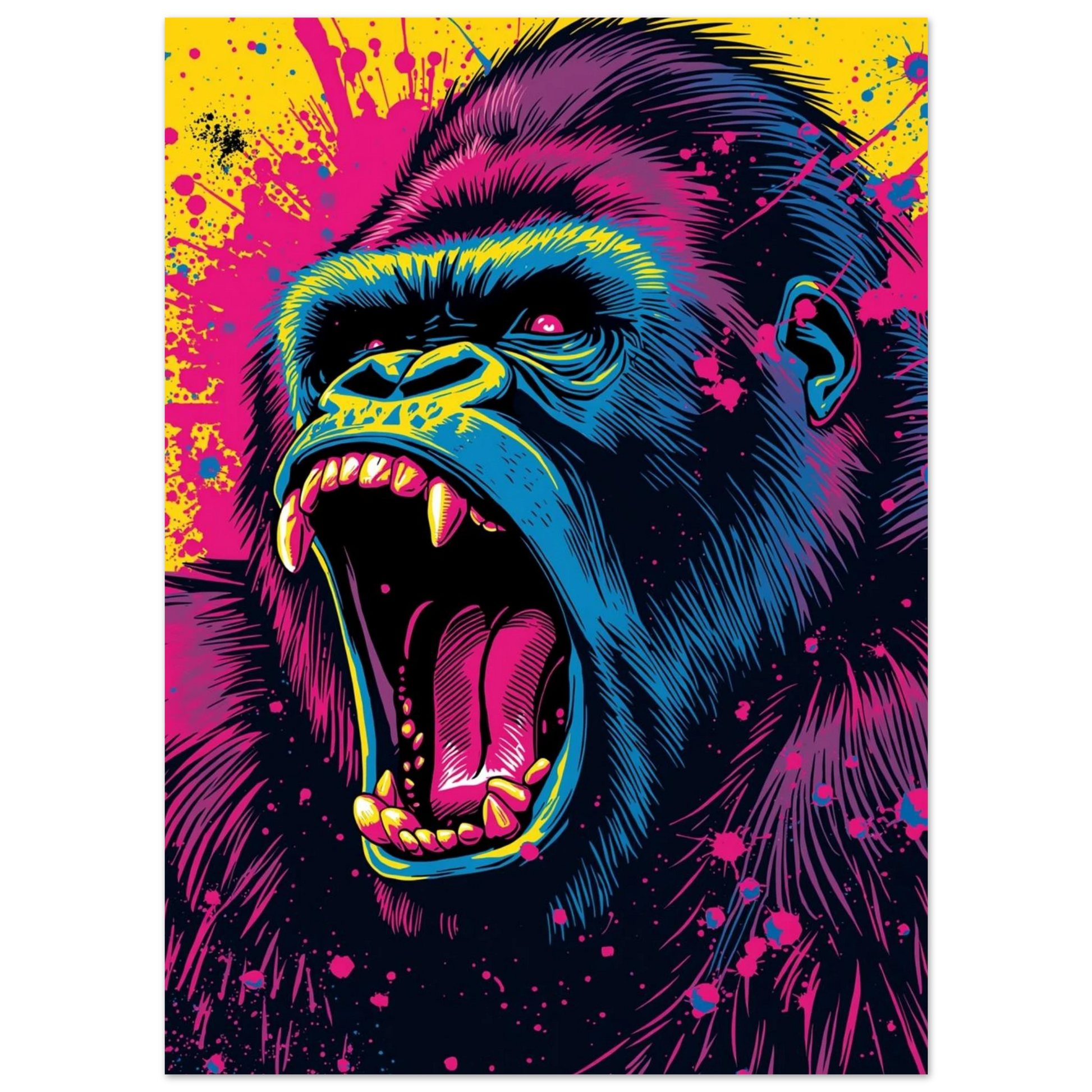 Popart gorilla med djurisk aggression i blått, lila och gult mot en stänkig bakgrund – Tecknad poster