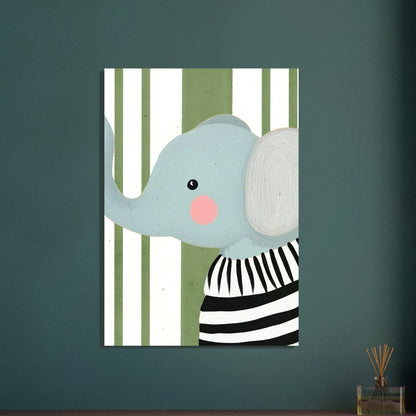 Söt elefant i handskulpterad stil, lekfullt djurmotiv för barnrummet.