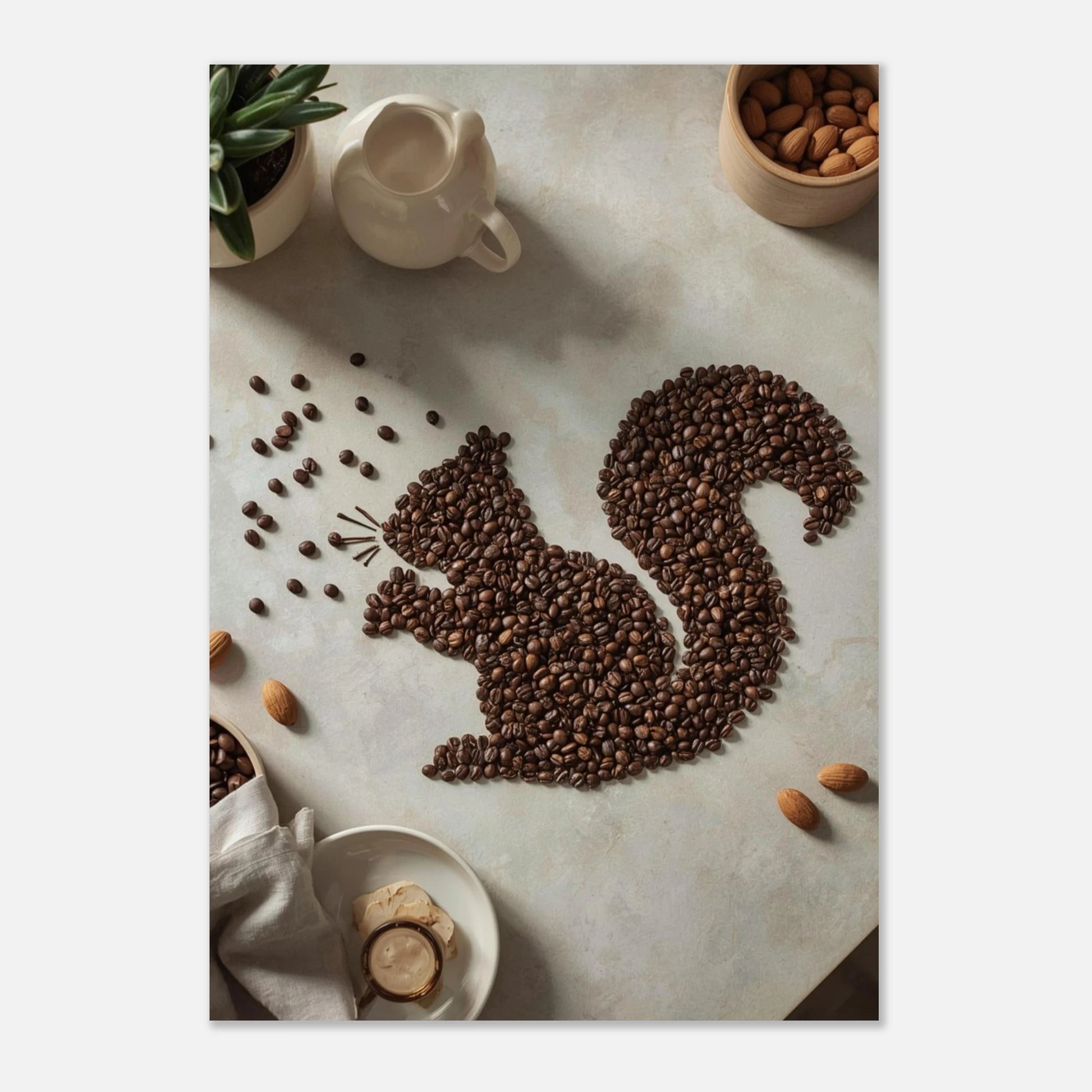 Grafisk djurposter av kaffebönor i form av en ekorre, utan ram
