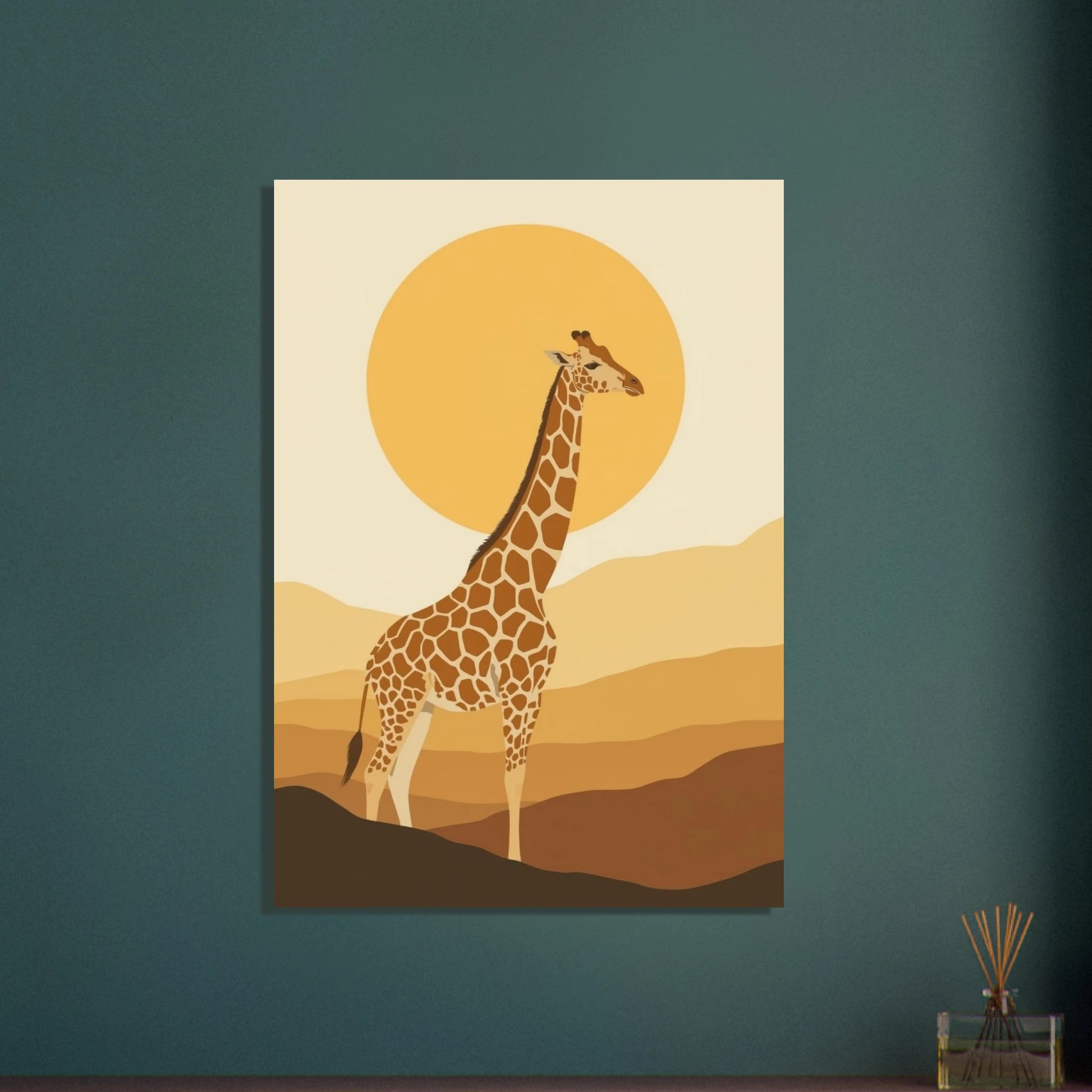 Stiliserad giraff i solnedgång, lugn och harmonisk savannkänsla.