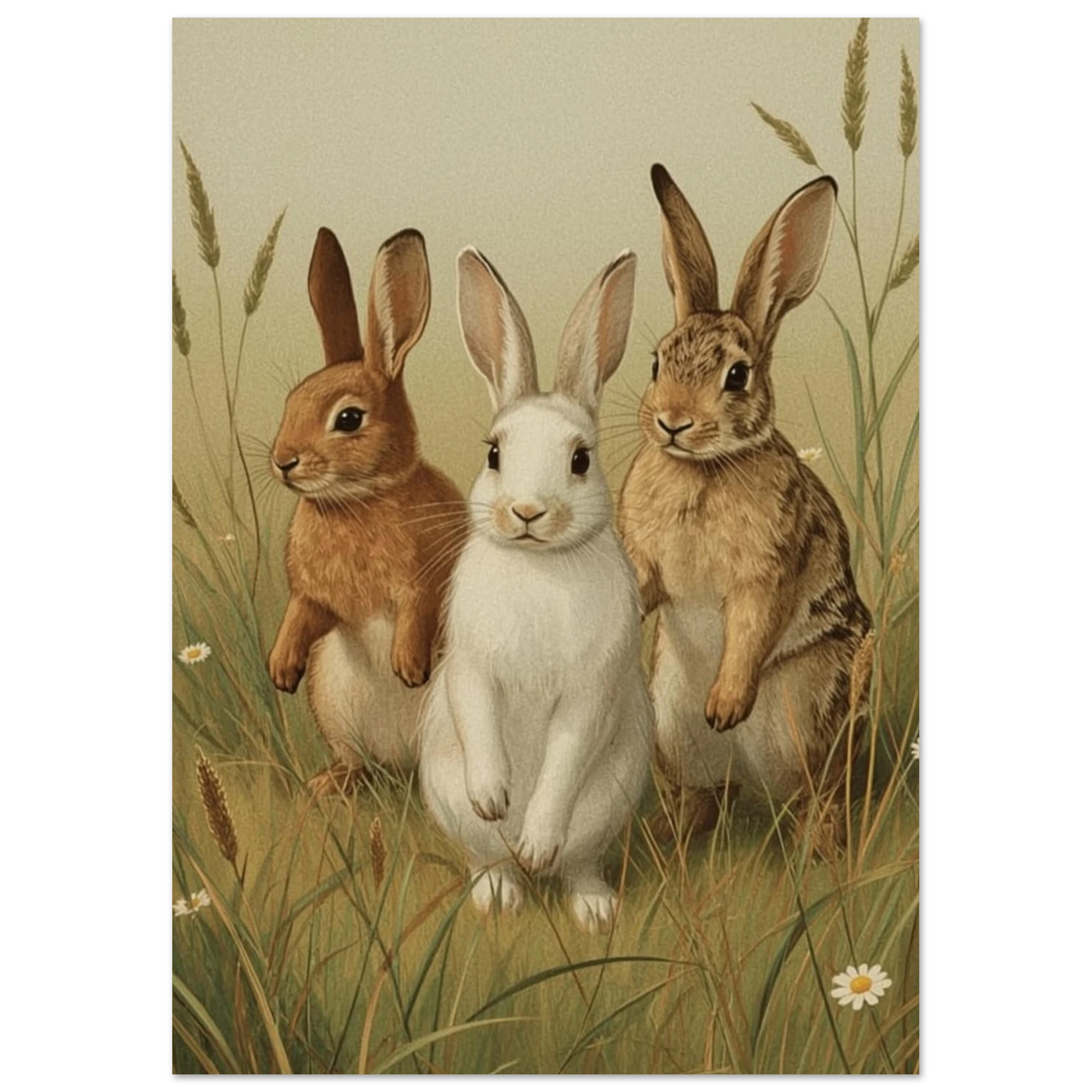 Bild av tre kaniner med olika pälsfärger som står upp i en äng – Målad poster