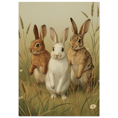 Bild av tre kaniner med olika pälsfärger som står upp i en äng – Målad poster
