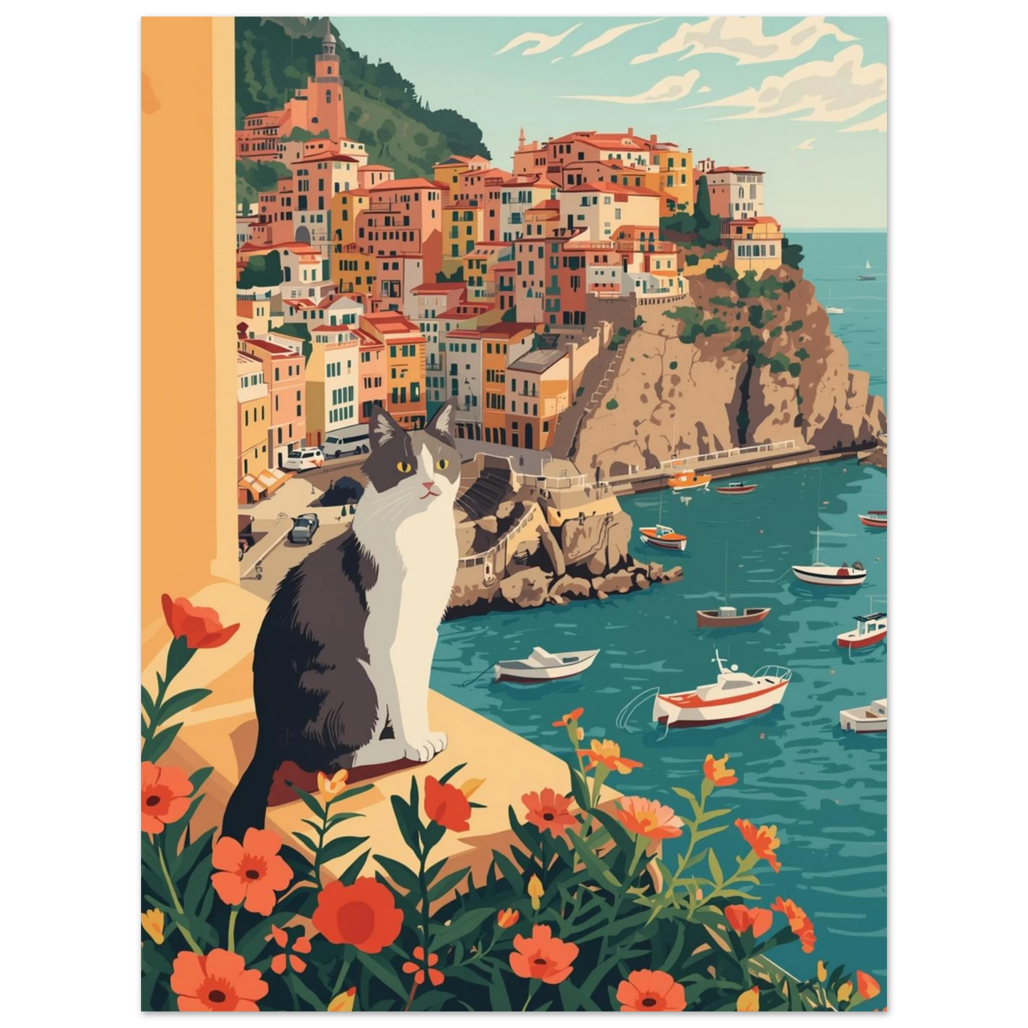 Sittande katt som blickar ut över hamn med små båtar, vintageinspirerad print