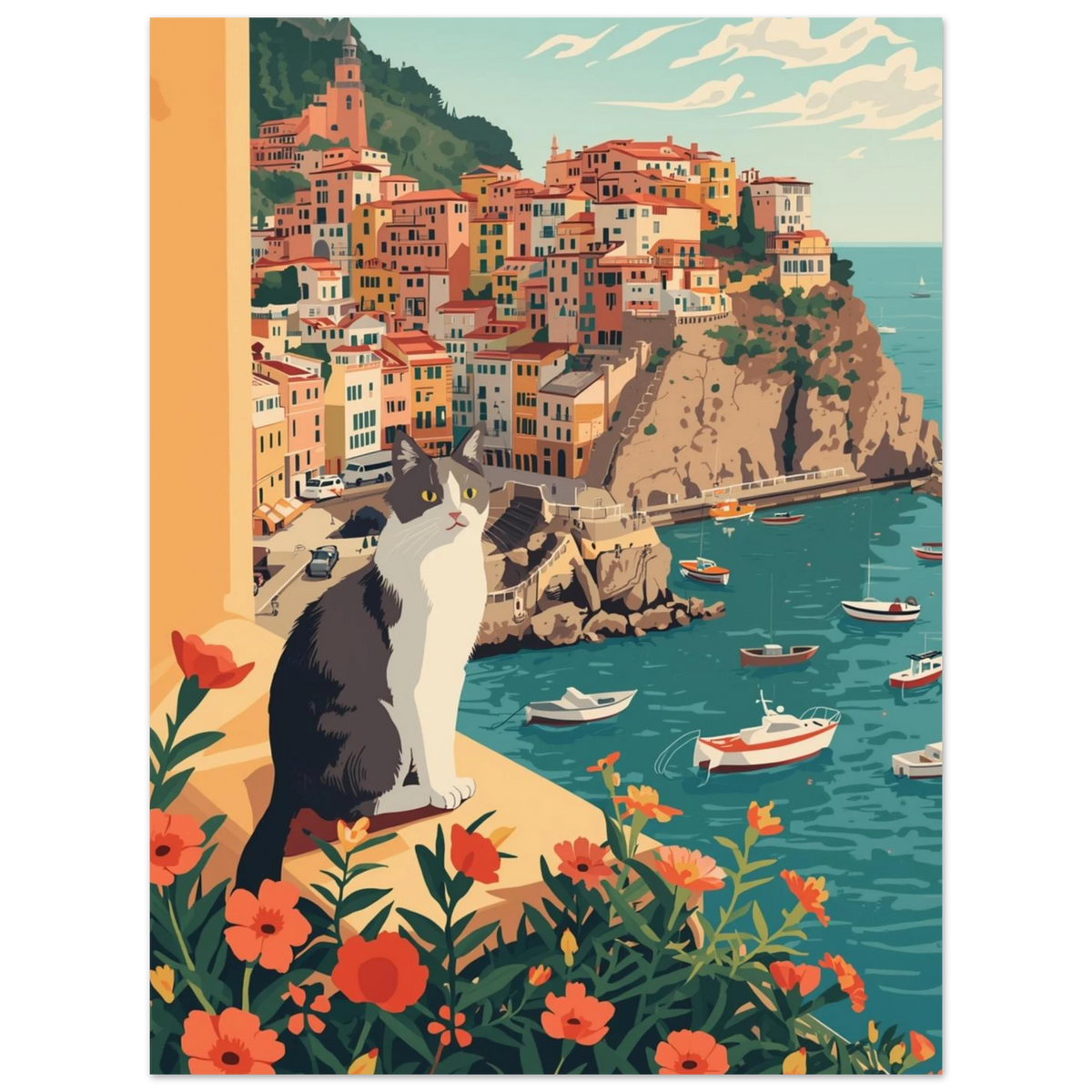 Sittande katt som blickar ut över hamn med små båtar, vintageinspirerad print