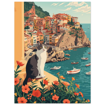 Sittande katt som blickar ut över hamn med små båtar, vintageinspirerad print