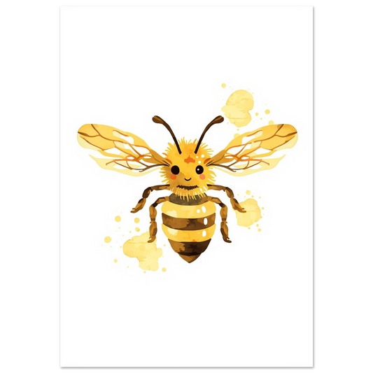 Vänligt bi i varmgul akvarell med dekorativa färgstänk – barnposter
