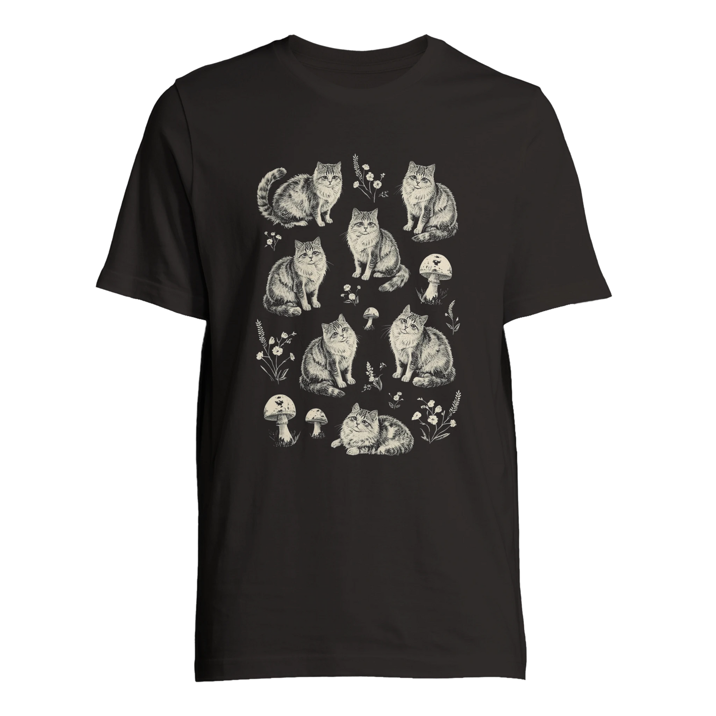 Svart t-shirt med vintage illustration av katter och svampar i skogsmiljö